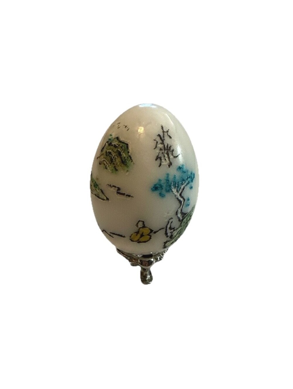 Vintage Chinese Hand Painted Porcelain Egg Miniature Landscape Display Stand